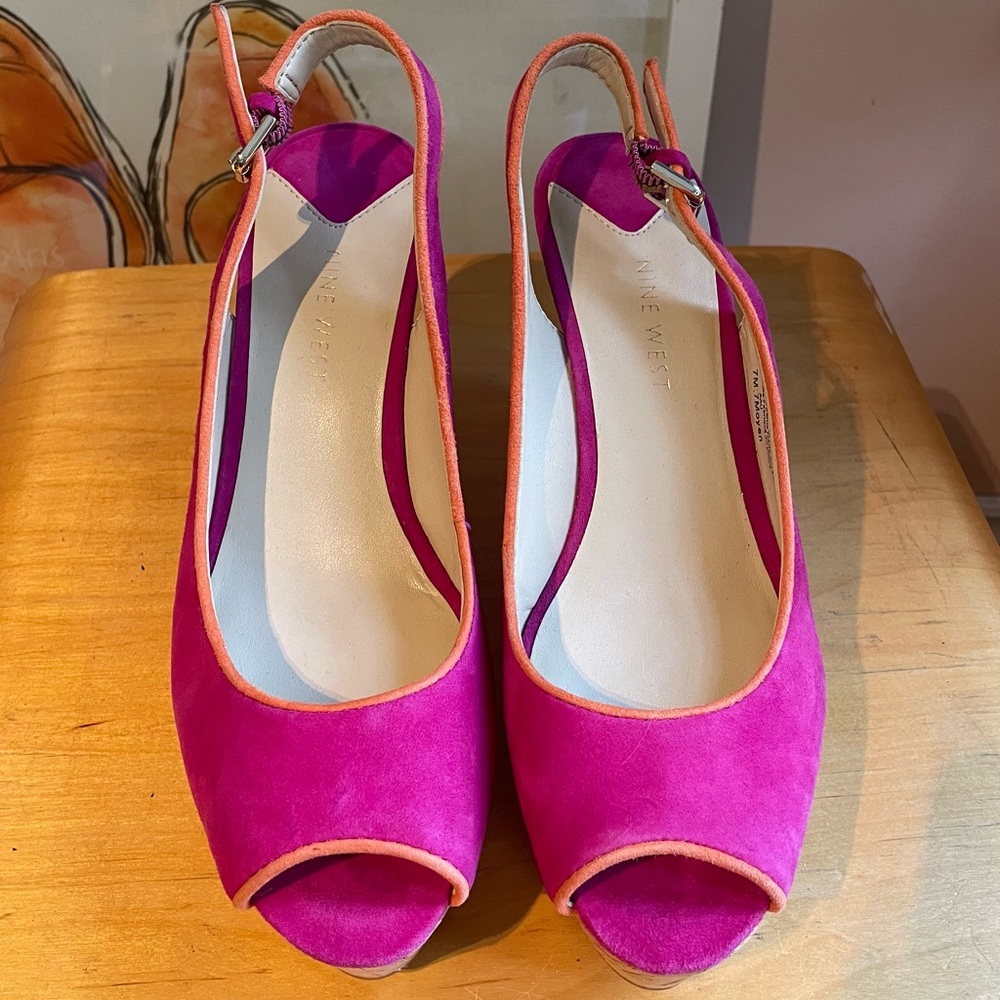 Nine West Pink and Orange Peep Toe Leather Cork Wedge Heels Sz 7